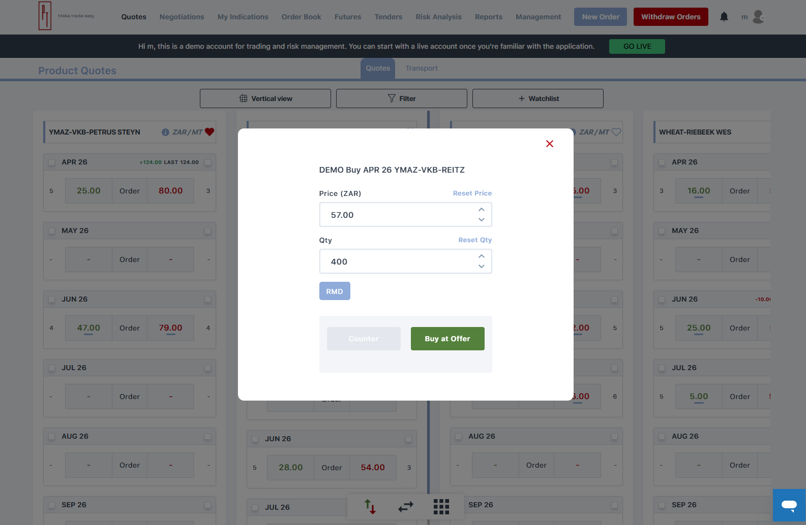 Paper Trader quotes interface with trading modal